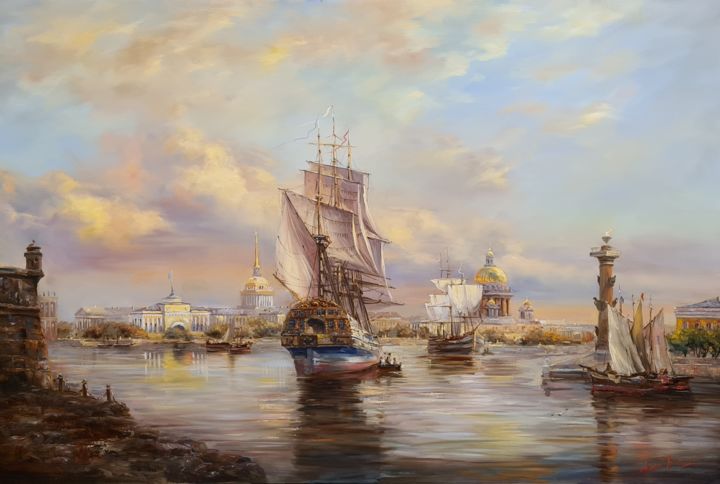 Painting titled ""Poltava" ship ,Sai…" by Alexey Rychkov, Original Artwork, Oil