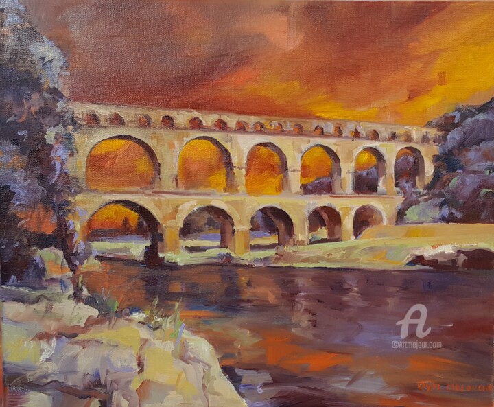 Peinture intitulée "Pont du Gard fauve" par Rym, Œuvre d'art originale, Huile