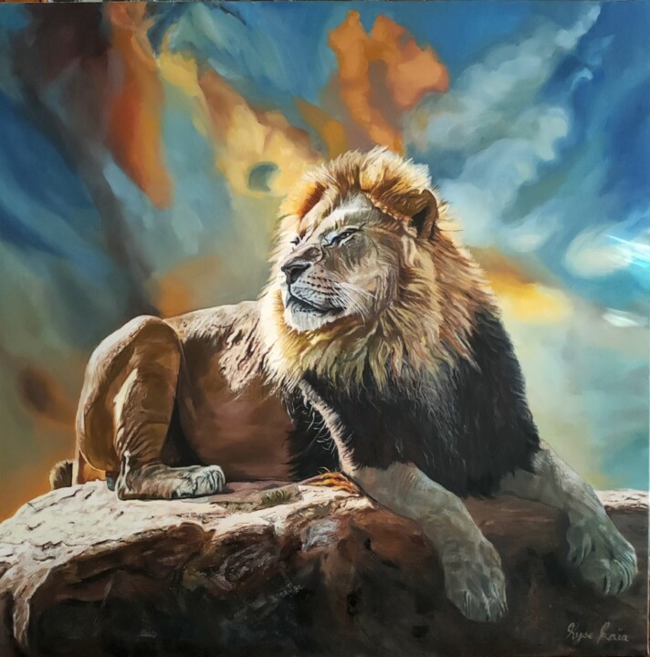 Painting titled "Le lion au coucher…" by Maryse Coin (Ryse Kaïa), Original Artwork, Oil Mounted on Wood Stretcher frame