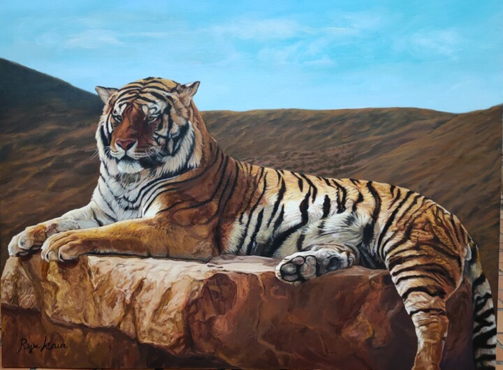Malerei mit dem Titel "Le tigre au repos" von Maryse Coin (Ryse Kaïa), Original-Kunstwerk, Öl Auf Keilrahmen aus Holz montie…