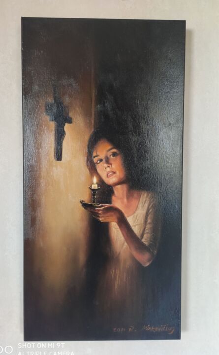 Картина под названием "A woman with a cand…" - Rytis Minkevičius, Подлинное произведение искусства, Масло