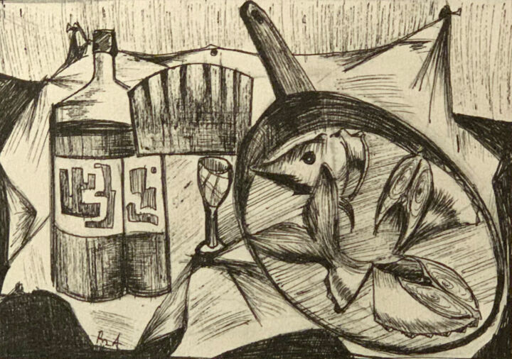 Dibujo titulada "Stell life with fish" por Rza Rzazadeh, Obra de arte original, Tinta