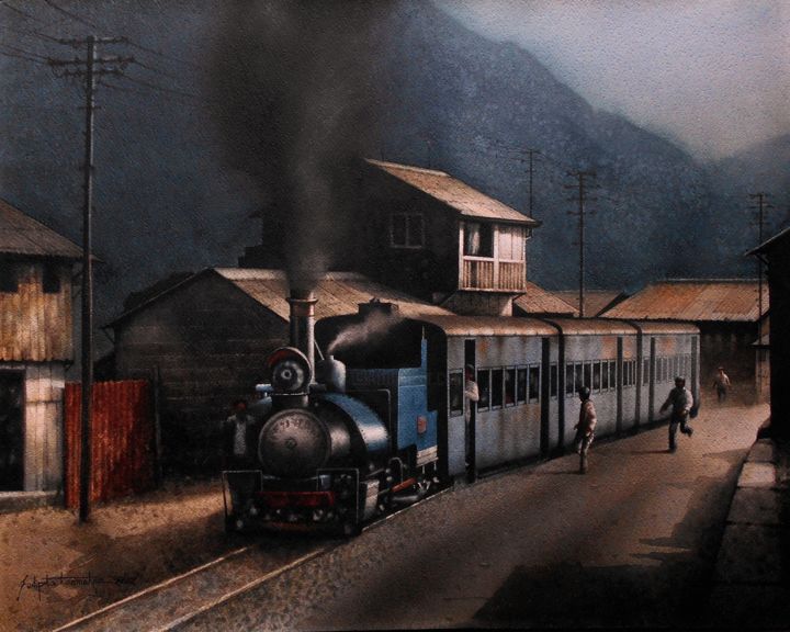 Painting titled "toy train darjellig" by Sudipta Karmakar, Original Art, Watercolor