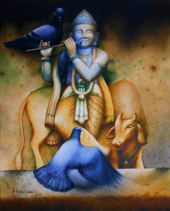 Malerei mit dem Titel "Lord Krishna" von Sudipta Karmakar, Original-Kunstwerk, Aquarell