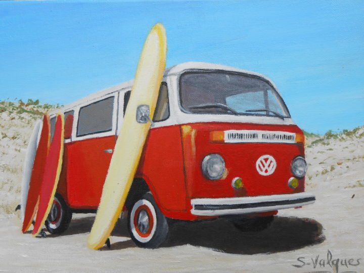 Painting titled "Van sur la plage" by S-Valques, Original Artwork, Acrylic