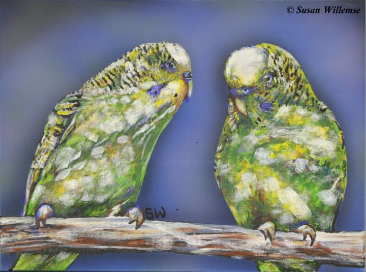 Painting titled "Budgie Love" by Susan Willemse, Original Artwork, Acrylic Mounted on Wood Stretcher frame