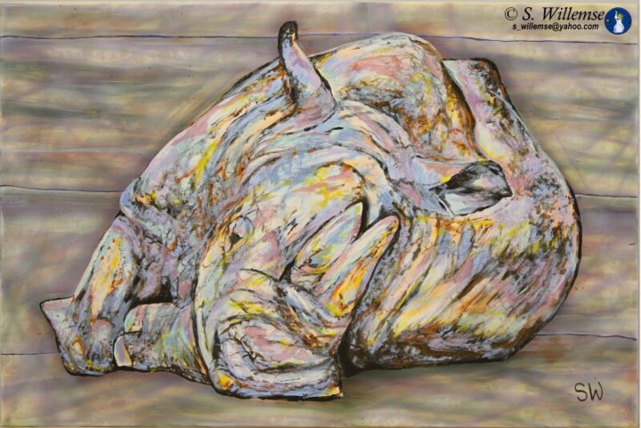 Painting titled "Rhino" by Susan Willemse, Original Artwork, Acrylic Mounted on Wood Stretcher frame
