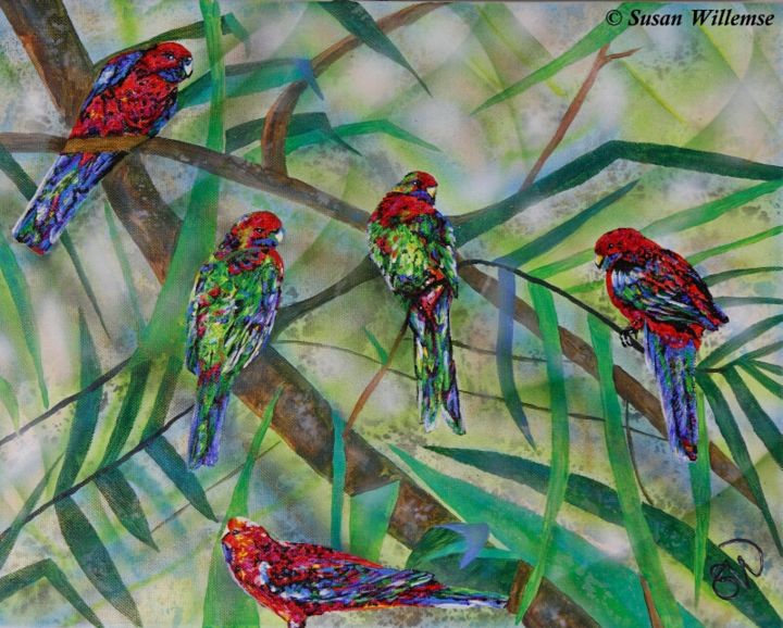Pintura intitulada "Crimson Rosellas" por Susan Willemse, Obras de arte originais, Acrílico Montado em Armação em madeira