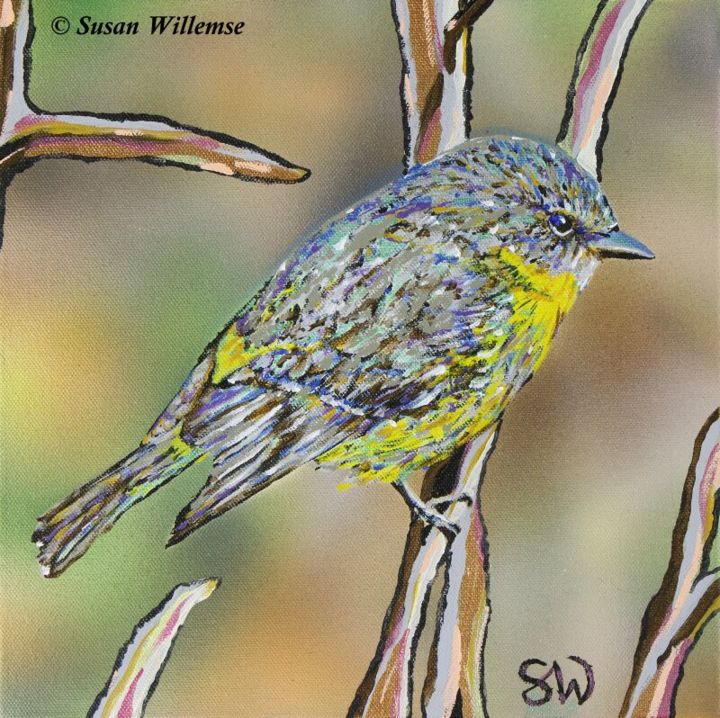 Картина под названием "Yellow Robin" - Susan Willemse, Подлинное произведение искусства, Акрил Установлен на Деревянная рама…