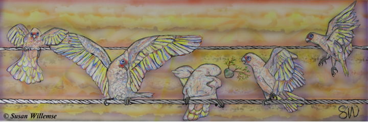 Painting titled "Sunset Corellas" by Susan Willemse, Original Artwork, Acrylic Mounted on Wood Stretcher frame