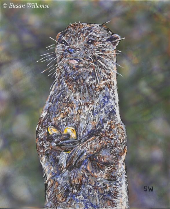 Painting titled "Otter anxiety" by Susan Willemse, Original Artwork, Acrylic Mounted on Wood Stretcher frame