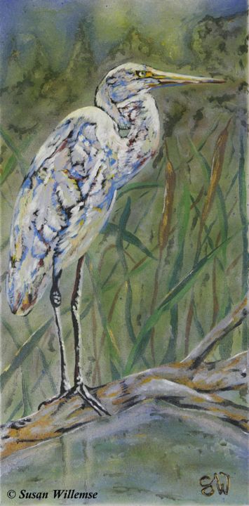 Painting titled "Egret" by Susan Willemse, Original Artwork, Acrylic Mounted on Wood Stretcher frame