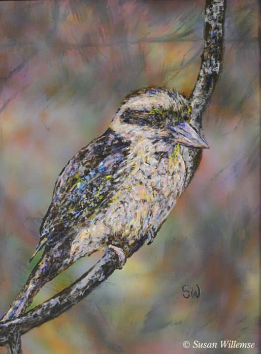 Painting titled "Thoughtful Kookabur…" by Susan Willemse, Original Artwork, Acrylic Mounted on Other rigid panel