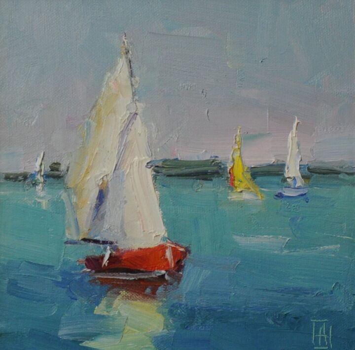 Schilderij getiteld "Sailboat" door Saash, Origineel Kunstwerk, Olie