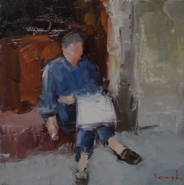 Painting titled "man with newspaper" by Saash, Original Artwork, Oil