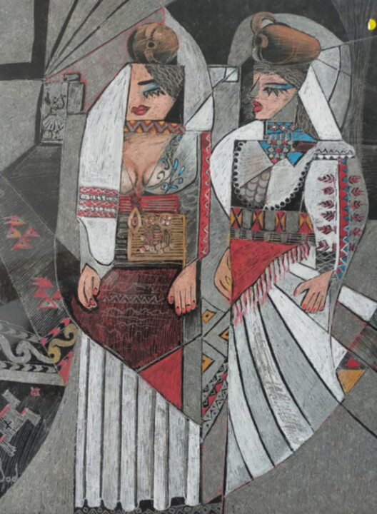 Druckgrafik mit dem Titel "Les femmes rempliss…" von Sabajete Doda, Original-Kunstwerk, Gravur