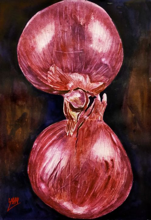 Painting titled "Red Onions" by Sabari Girish T, Original Artwork, Watercolor