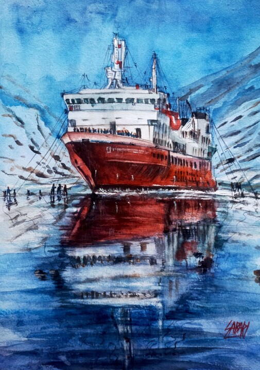 Peinture intitulée "Ship In Snow" par Sabari Girish T, Œuvre d'art originale, Aquarelle
