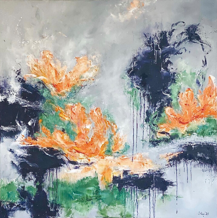 Peinture intitulée "Orange Garden" par Sabine Kay, Œuvre d'art originale, Huile Monté sur Châssis en bois