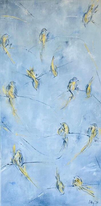 Painting titled "Birds III" by Sabine Kay, Original Artwork, Oil Mounted on Wood Stretcher frame