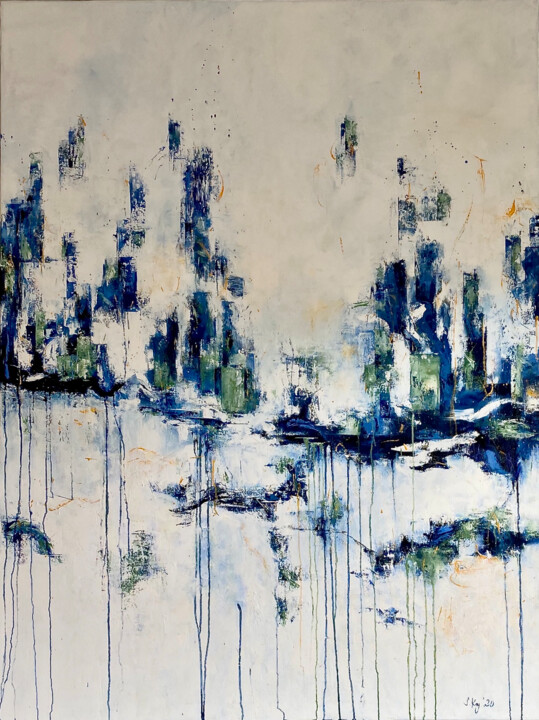 Painting titled "Fading City" by Sabine Kay, Original Artwork, Oil Mounted on Wood Stretcher frame