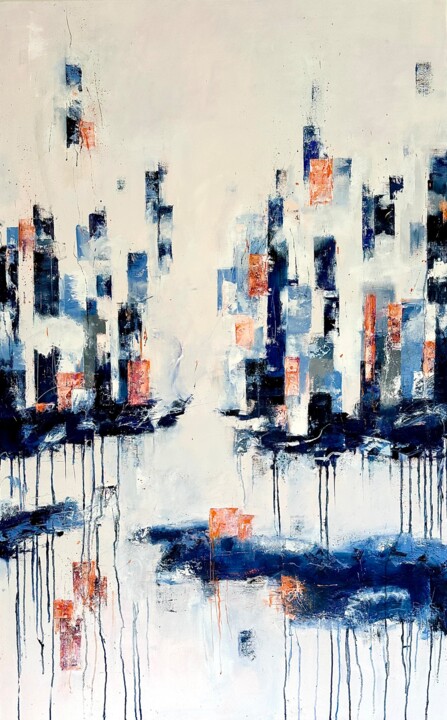 Malerei mit dem Titel "Blue Bay City" von Sabine Kay, Original-Kunstwerk, Öl Auf Keilrahmen aus Holz montiert