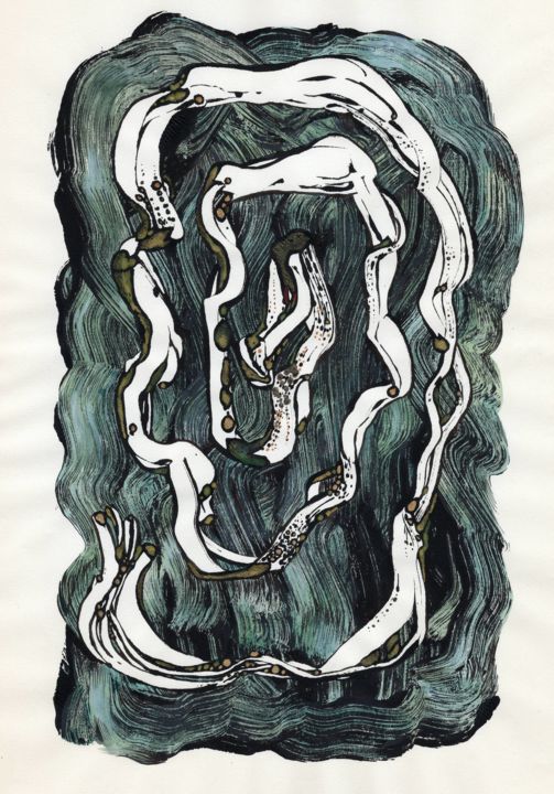 Gravures & estampes intitulée "Vipère d'eau" par Sabine Maggiani, Œuvre d'art originale, Monotype