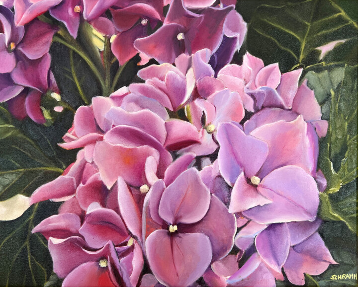 Malerei mit dem Titel "Hortensienblüten" von Sabine Schramm, Original-Kunstwerk, Öl Auf Keilrahmen aus Holz montiert