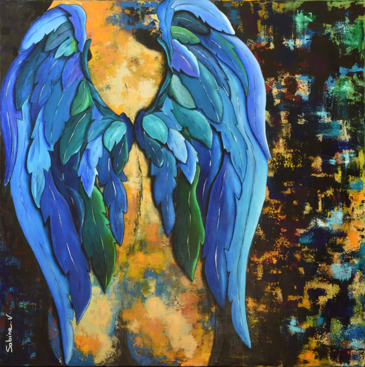 Painting titled "My Blue Wings Angel" by Sabine Vandermouten (Sabine.V), Original Artwork, Acrylic Mounted on Wood Stretcher…