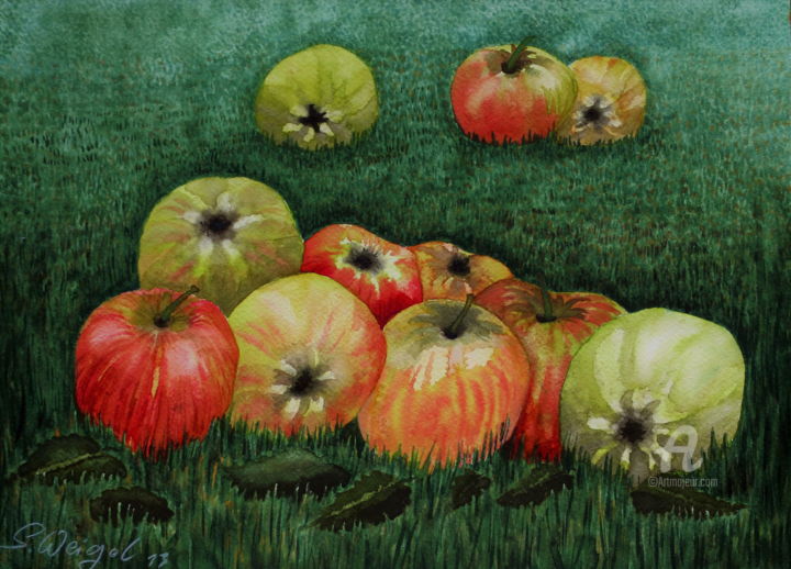 Malerei mit dem Titel "Bunte Äpfel" von Sabine Weigel, Original-Kunstwerk, Aquarell