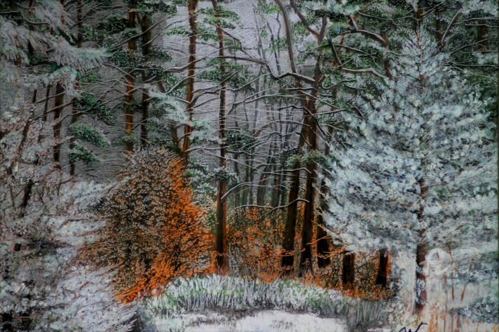 Malerei mit dem Titel "Winterwald (1)" von Sabine Weigel, Original-Kunstwerk, Pastell