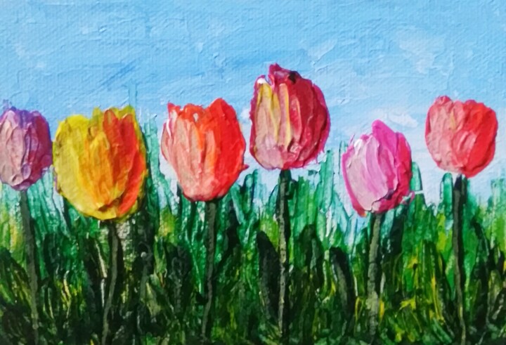 Peinture intitulée "Tulipes multicolores" par Sabrina Riggio, Œuvre d'art originale, Acrylique Monté sur Châssis en bois