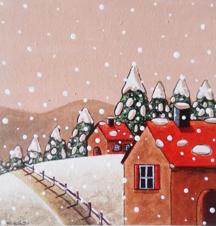Painting titled "Quand la neige tombe" by Sabrina Riggio, Original Artwork, Acrylic Mounted on Cardboard