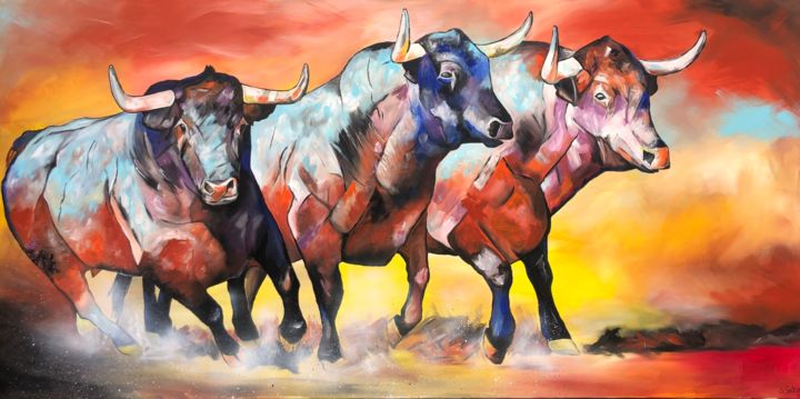 Painting titled "running bulls" by Sabrina Seck, Original Artwork, Acrylic