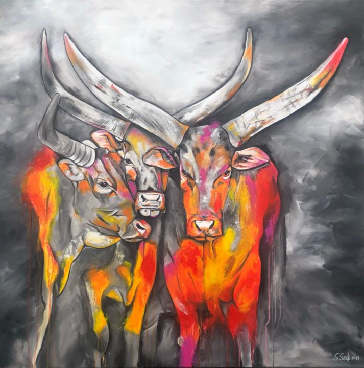 Painting titled "american longhorns" by Sabrina Seck, Original Artwork, Acrylic