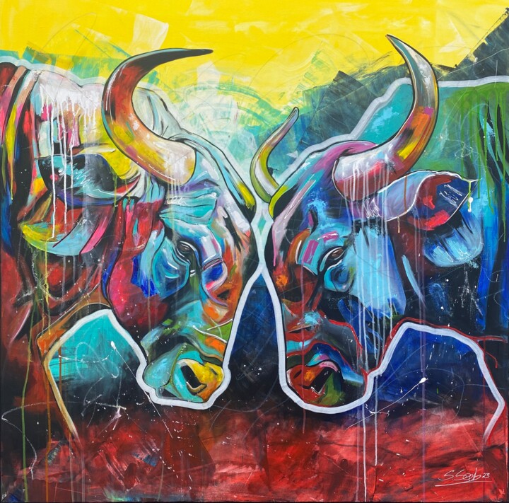 Malerei mit dem Titel "bulls" von Sabrina Seck, Original-Kunstwerk, Acryl