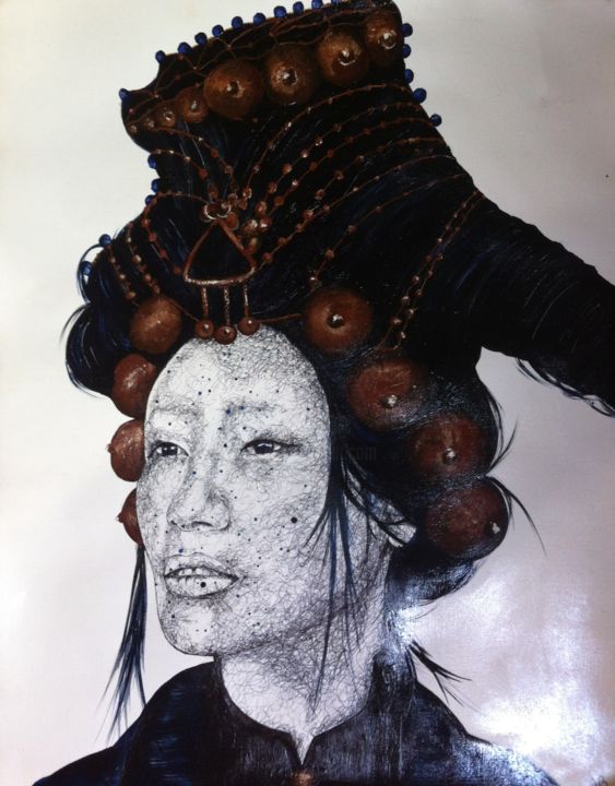Drawing titled "Asiatique" by Sabrina Tetaz, Original Artwork, Ballpoint pen