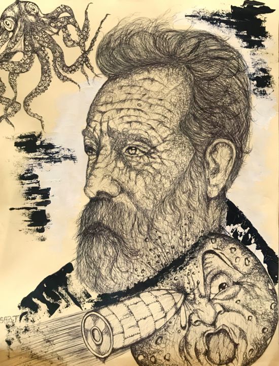 Dessin intitulée "Jules Verne" par Sabrina Tetaz, Œuvre d'art originale, Stylo à bille