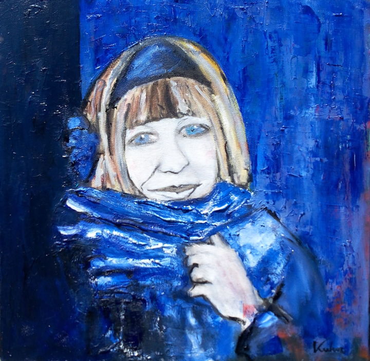 Painting titled "der-blaue-schal-50x…" by Sabrina Kuhn, Original Artwork, Oil