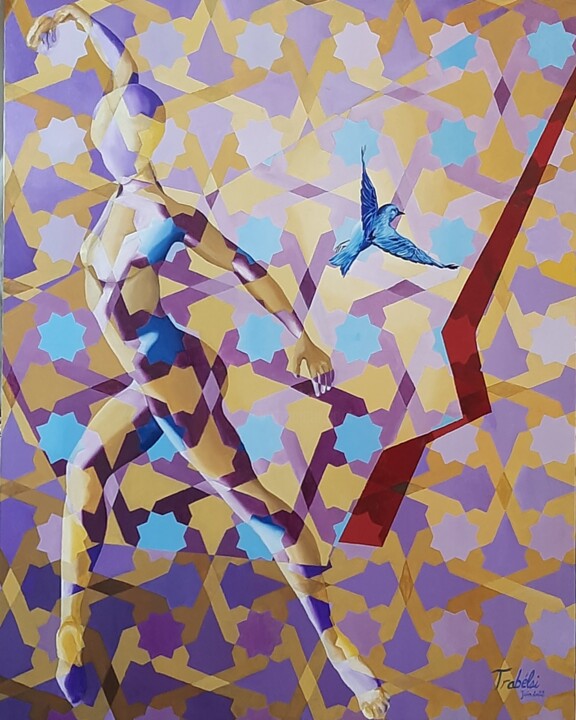 Peinture intitulée "L'oiseau bleu" par Sabrine Trabelsi, Œuvre d'art originale, Huile Monté sur Châssis en bois