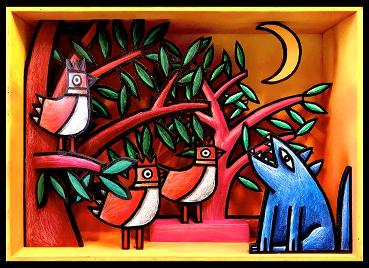 Painting titled "renard et oiseaux" by Sacha Schwarz, Original Artwork, Acrylic Mounted on Wood Panel