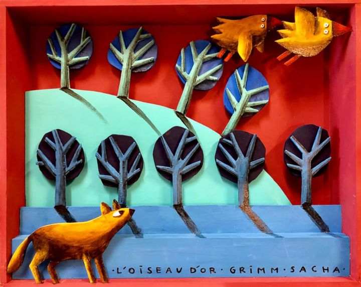 Peinture intitulée "renard et oiseaux d…" par Sacha Schwarz, Œuvre d'art originale, Acrylique Monté sur Panneau de bois
