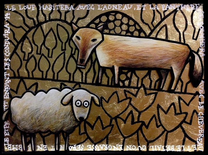 Peinture intitulée "loup & agneau" par Sacha Schwarz, Œuvre d'art originale, Acrylique Monté sur Panneau de bois