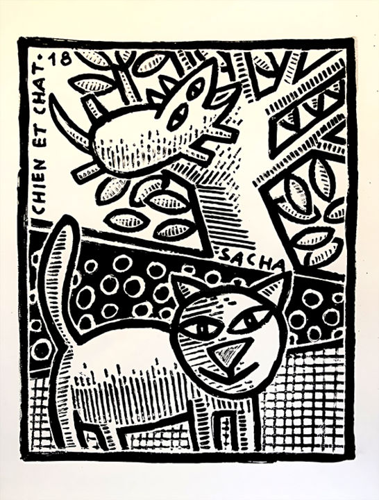 Druckgrafik mit dem Titel "Chien et chat" von Sacha Schwarz, Original-Kunstwerk, Siebdruck