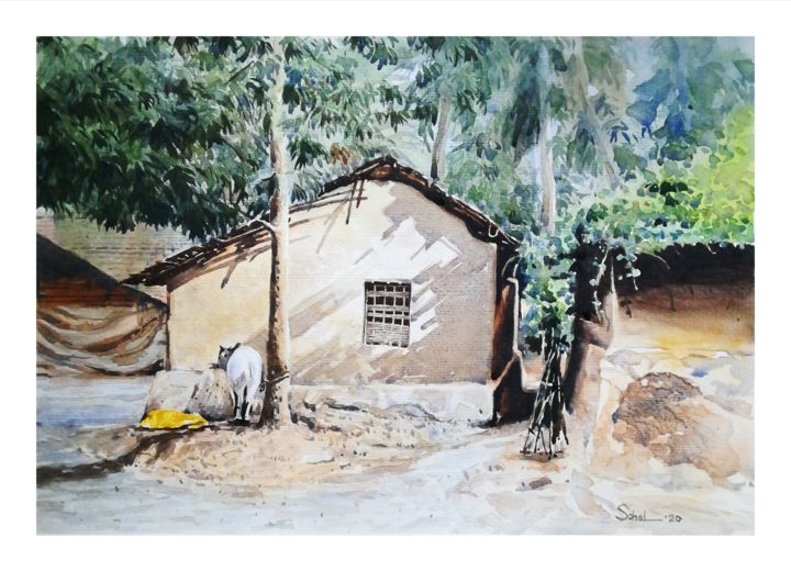 Peinture intitulée "Bangladesi Village" par Sada Canvas, Œuvre d'art originale, Aquarelle