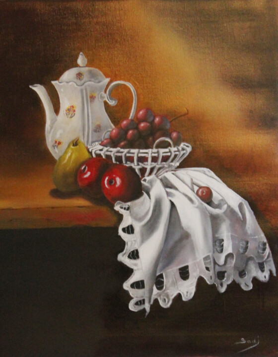 Painting titled "Nature morte" by Sadi Boualam, Original Artwork, Oil Mounted on Wood Stretcher frame