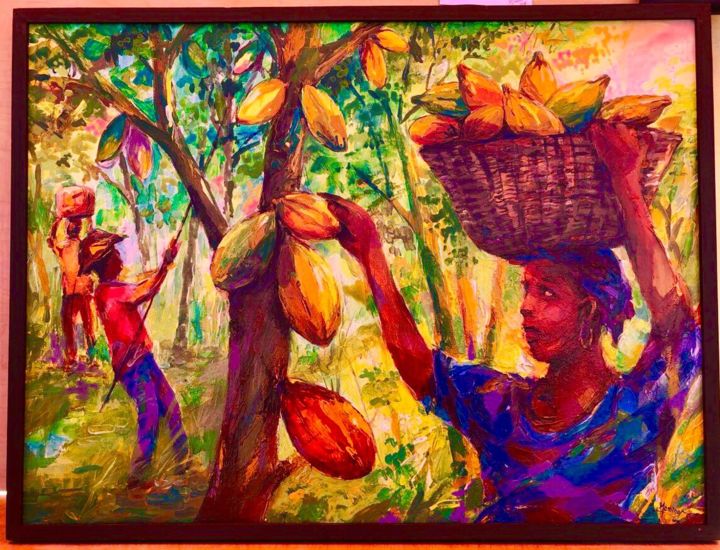 Painting titled "Récolte de cacao" by Mominet Sadia Roland, Original Artwork, Acrylic