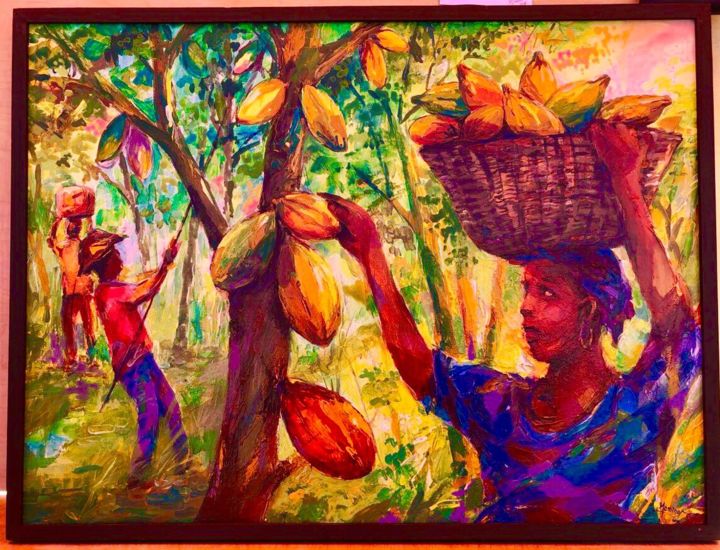 Painting titled "Récolte de cacao" by Mominet Sadia Roland, Original Art, Acrylic