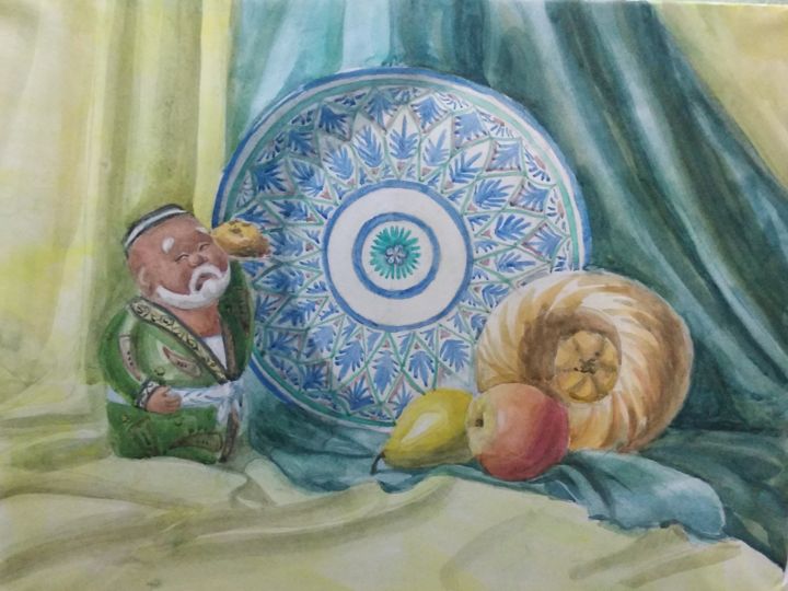 Painting titled "Старик и хлеб" by Rakhima Bakhtierova, Original Artwork, Watercolor