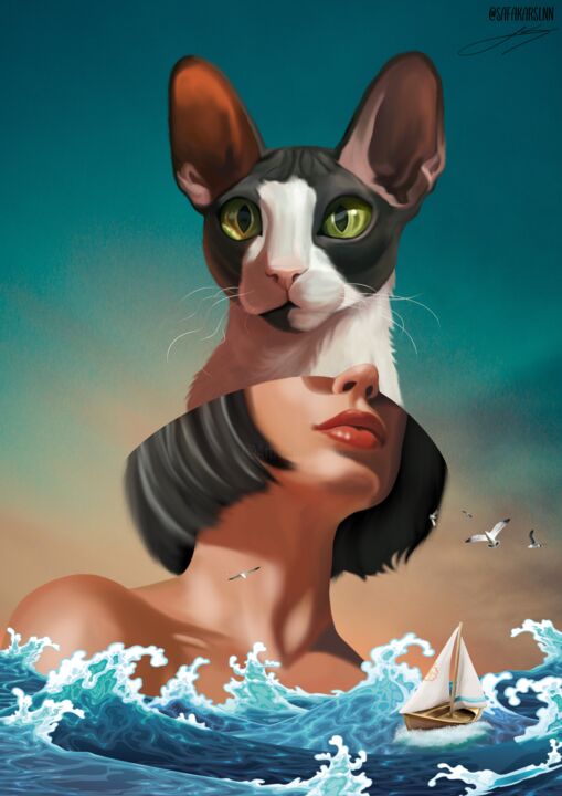 Digital Arts titled "Cat" by Safakarslnn, Original Artwork, Digital Painting